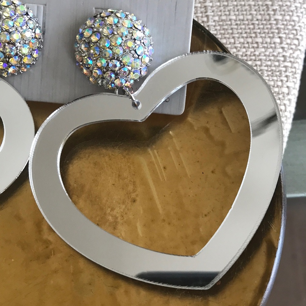 Topshop Heart Dangle Earrings Lightweight Silver Mirror Clubwear Event Party Fun